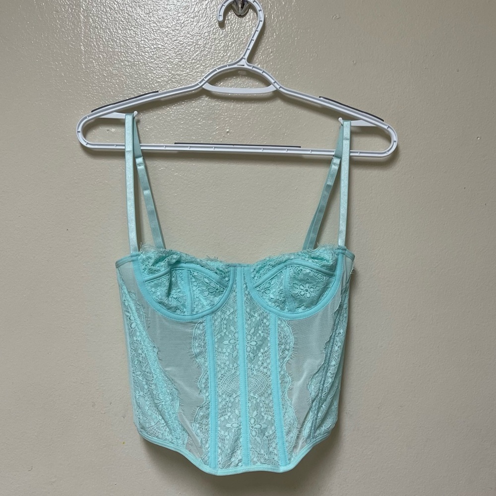 Blue Lace Mesh Corset Top S Boned Bustier Cami Night Out Coquette Y2K Fairycore